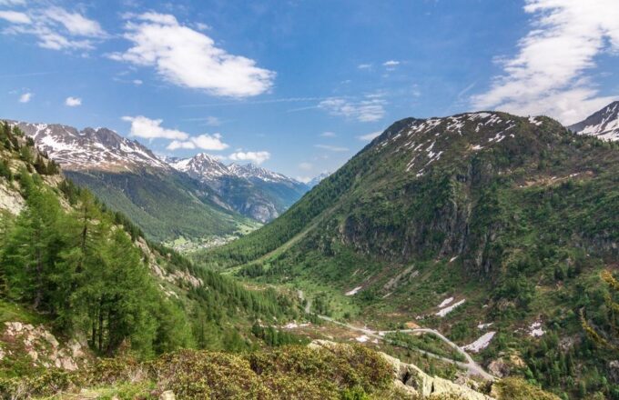 Grünes Alpental bei Chamonix in den französischen Alpen