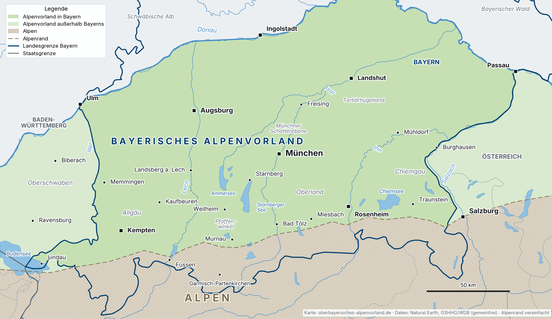 Karte des Bayerischen Alpenvorlands zwischen Donau und Alpenrand mit Städten, Seen, Flüssen und Grenzen
