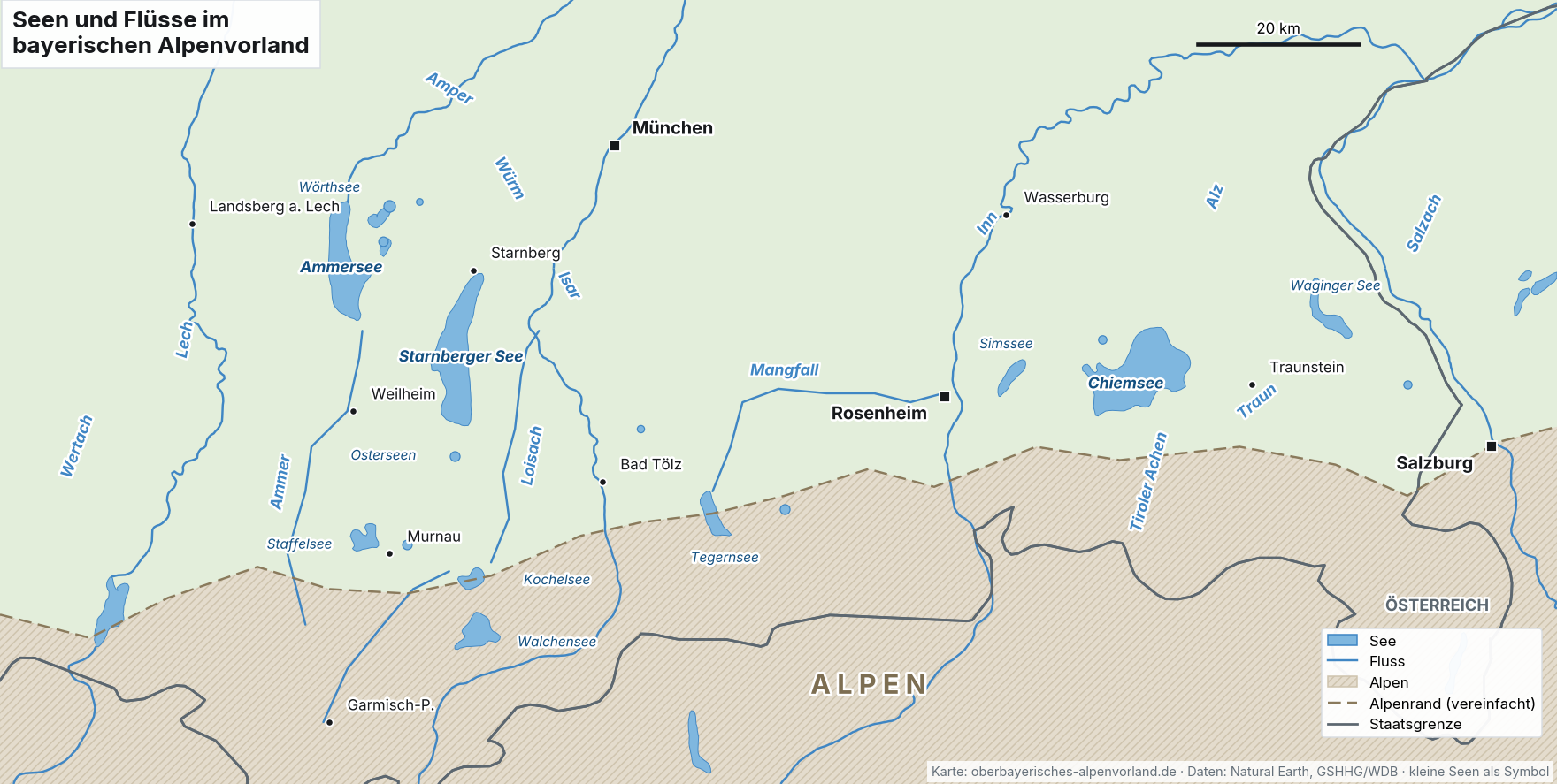 Karte der Seen und Flüsse im bayerischen Alpenvorland