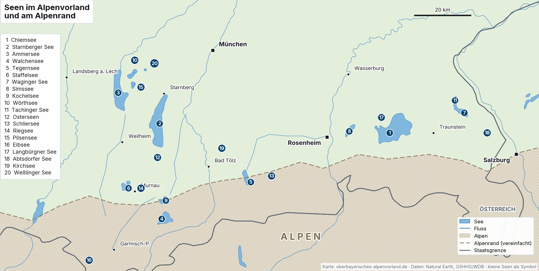 Karte mit 20 nummerierten Seen im Alpenvorland und am Alpenrand
