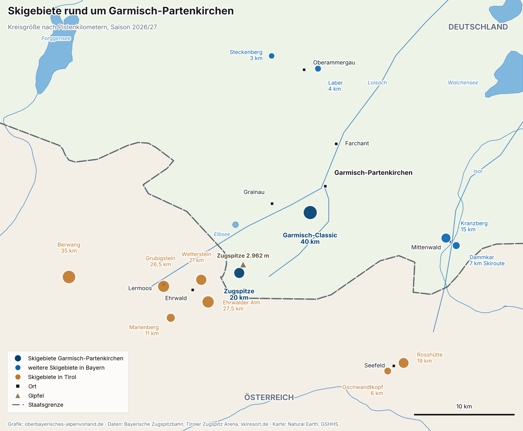 Karte der Skigebiete rund um Garmisch-Partenkirchen mit Garmisch-Classic, Zugspitze, Mittenwald und Tiroler Zugspitz Arena