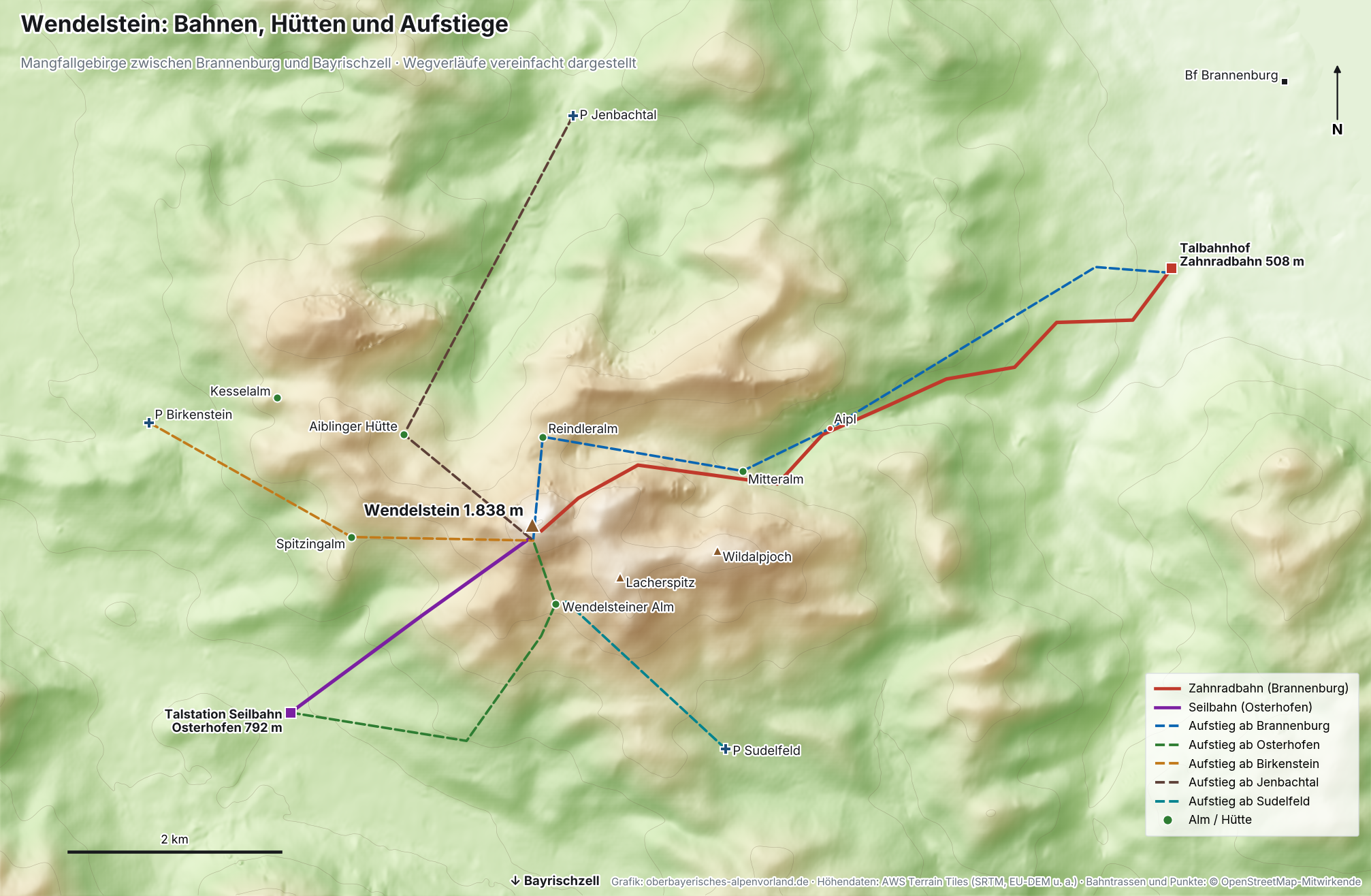 Reliefkarte des Wendelsteins mit Zahnradbahn, Seilbahn, Hütten und Aufstiegen