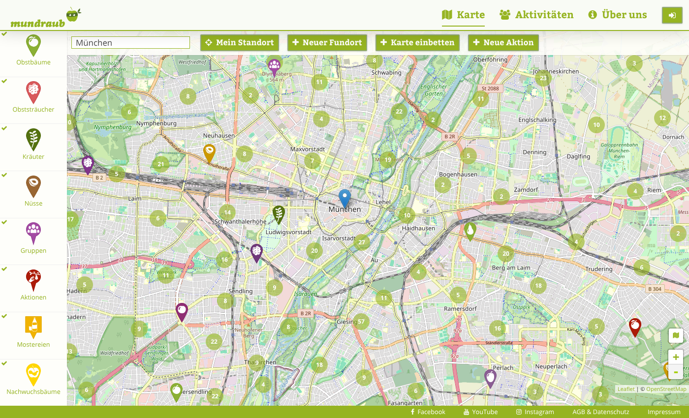 Screenshot der Mundraub-Karte mit Fundorten für Obst und Nüsse in München