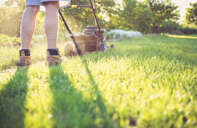 Person schiebt einen Benzin-Rasenmäher über eine Wiese im Abendlicht