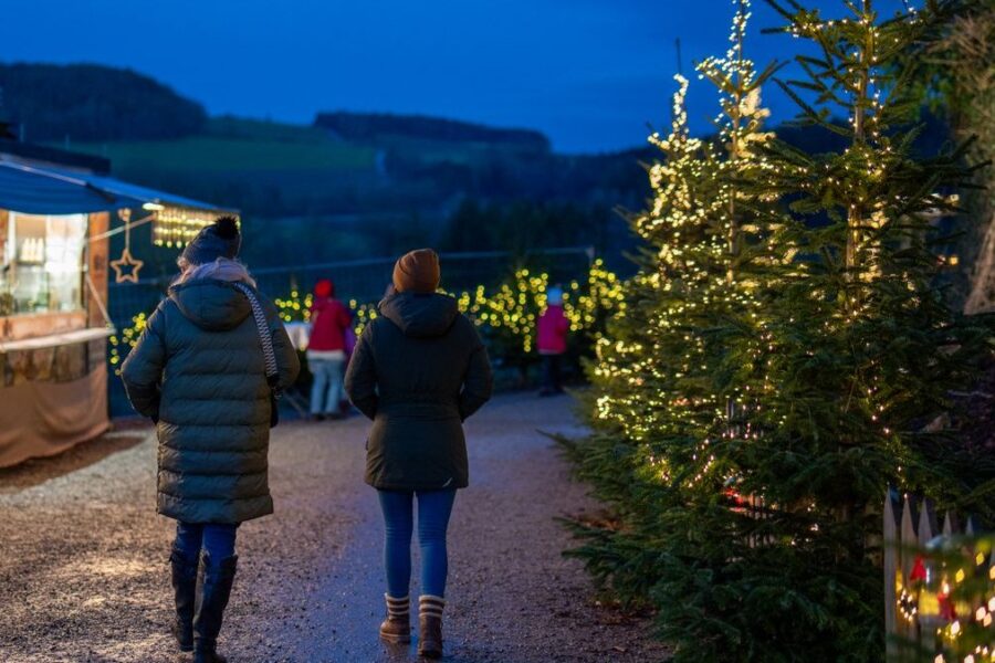 Besucher gehen abends über einen beleuchteten Weihnachtsmarkt im Freien
