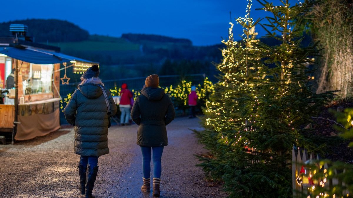 Besucher gehen abends über einen beleuchteten Weihnachtsmarkt im Freien